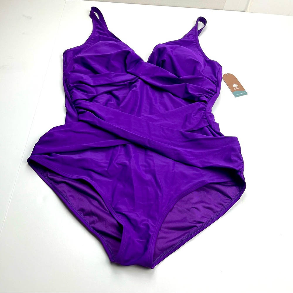 Smismivo Tummy Control Swimsuit XXXL Slimming One Piece Retro Ruched Purple NEW